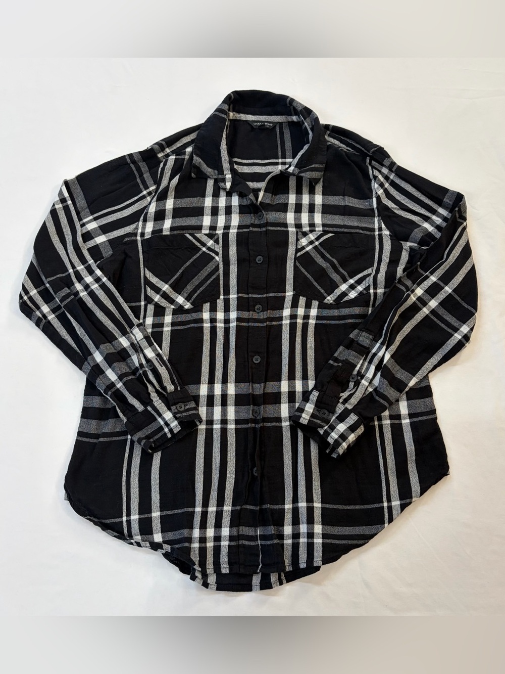 Lucky Brand Men's Black & White Plaid Button-Down Shirt Large